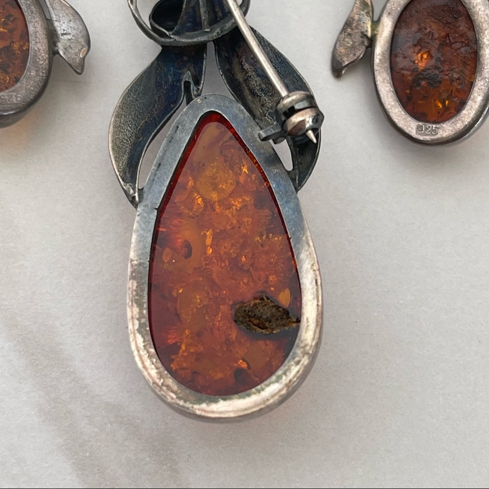 Vintage Sterling silver 925 Baltic Amber necklace pendant pin earrings brooch - Picture 4 of 16
